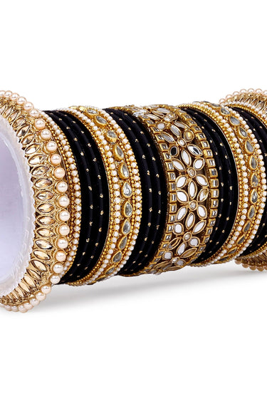 Black Color Alloy Material Embellished Pearl And Kundan Velvet Bangles Bridal Set