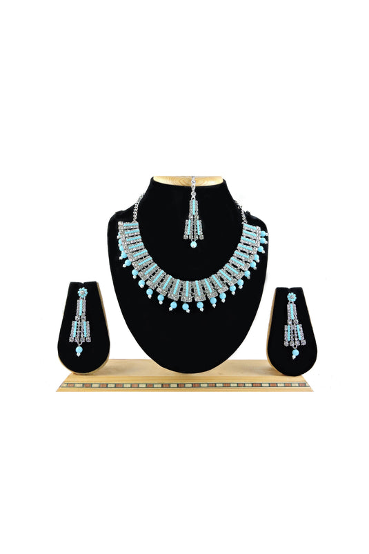 Entrancing Alloy Material Necklace Set Earrings And Mang Tikka For Women In Sky Blue Color