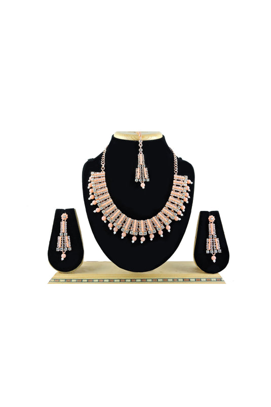 Excellent Alloy Material Peach Color Necklace Set Earrings And Mang Tikka For Women