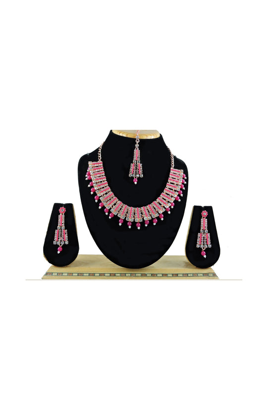 Rani Color Alloy Material Function Wear Stylish Necklace Set Earrings And Mang Tikka For Women