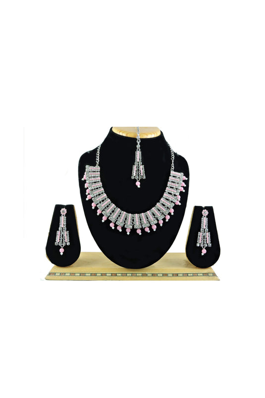 Solid Alloy Material Necklace Set Earrings And Mang Tikka For Women In Pink Color