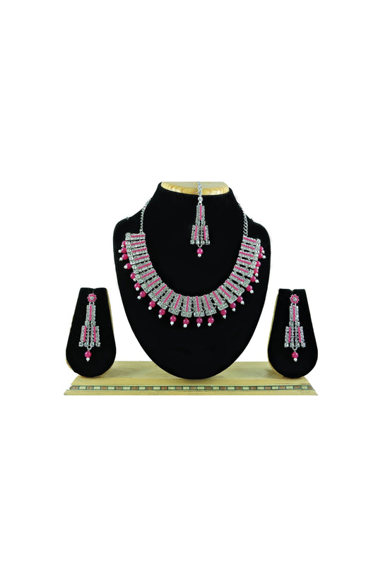 Rani Color Engaging Alloy Material Necklace Set Earrings And Mang Tikka For Women