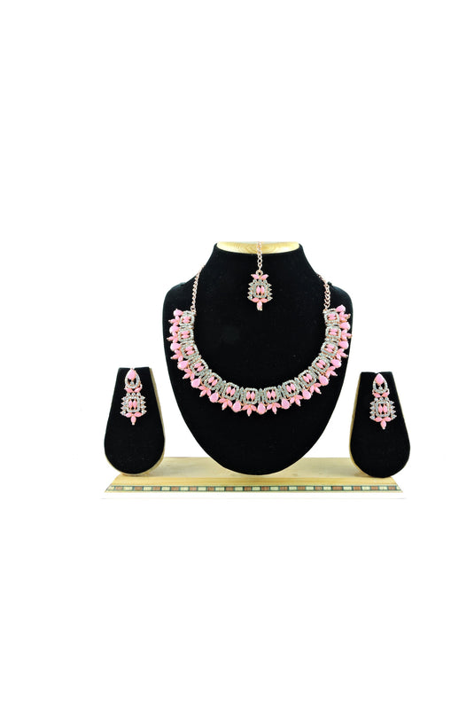 Excellent Alloy Material Pink Color Necklace Set Earrings And Mang Tikka For Women