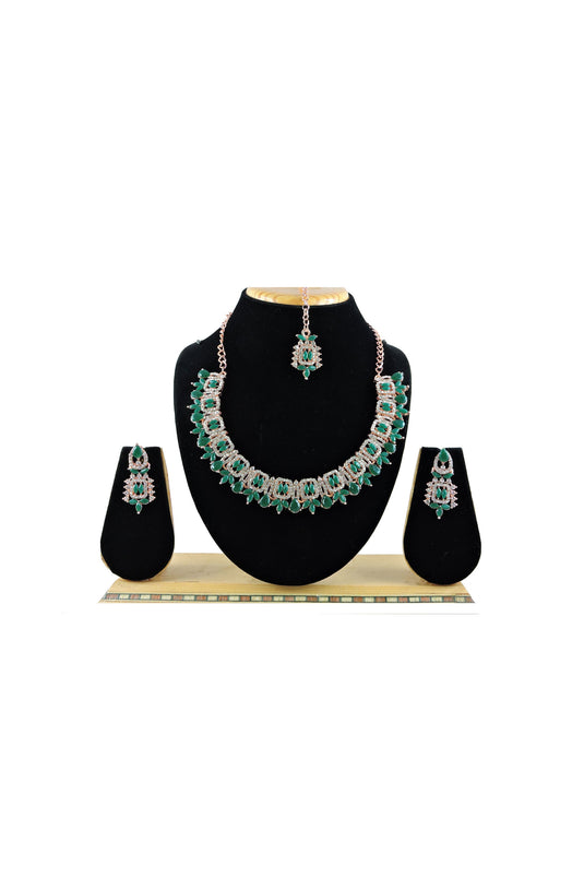 Green Color Alloy Material Festive Wear Attractive Necklace Set Earrings And Mang Tikka For Women