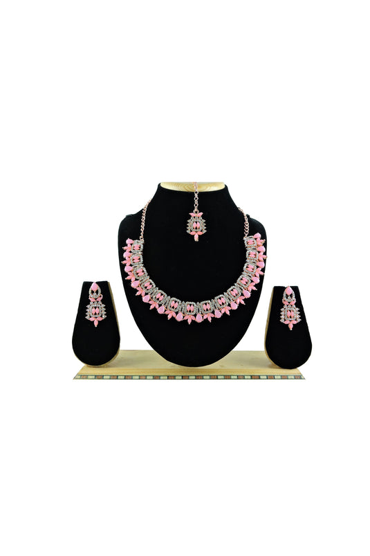 Awesome Alloy Material Pink Color Necklace Set Earrings And Mang Tikka For Women