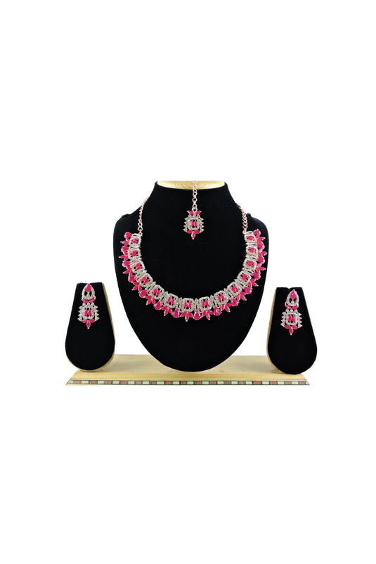 Rani Color Gorgeous Necklace Set Earrings And Mang Tikka For Women In Alloy Material