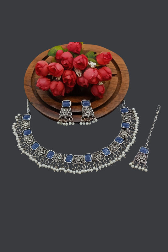 Navy Blue Color Special Oxidised Material Necklace With Earrings and Mang Tikka