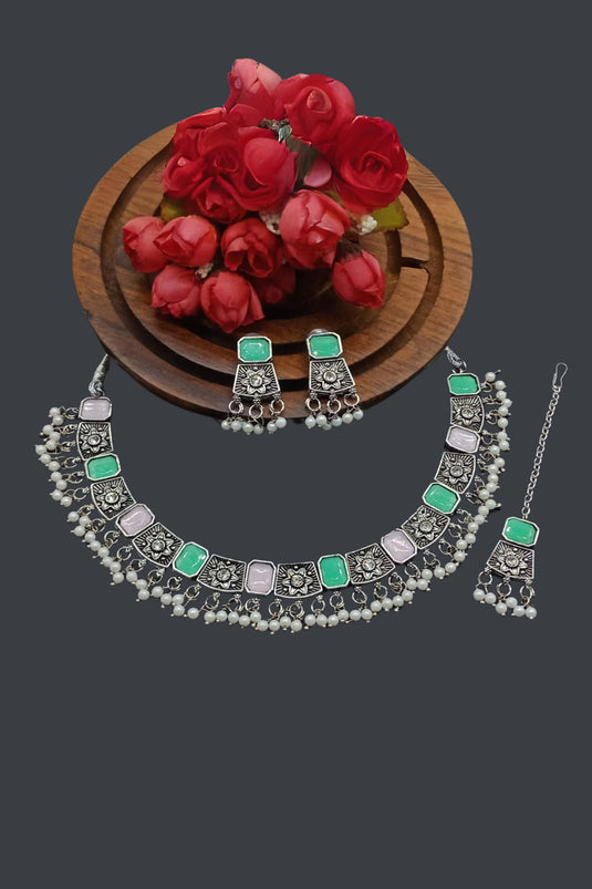 Multi Color Riveting Oxidised Material Necklace With Earrings and Mang Tikka