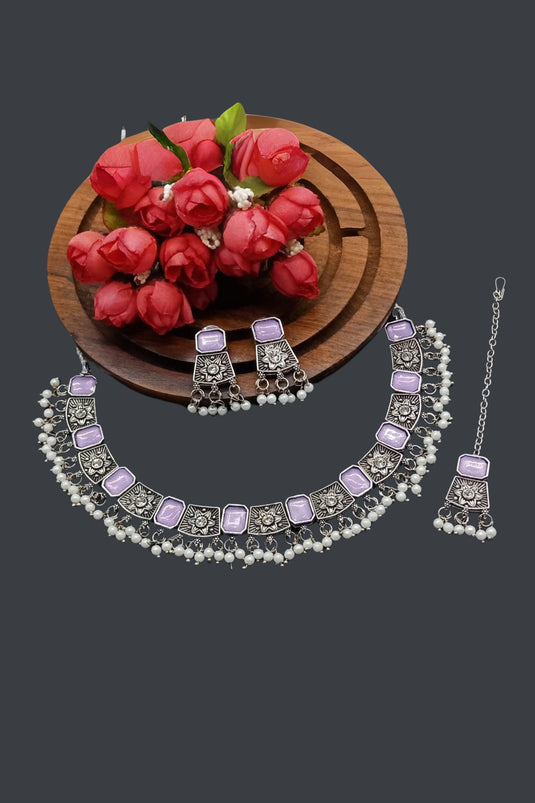 Lavender Color Patterned Oxidised Material Necklace With Earrings and Mang Tikka