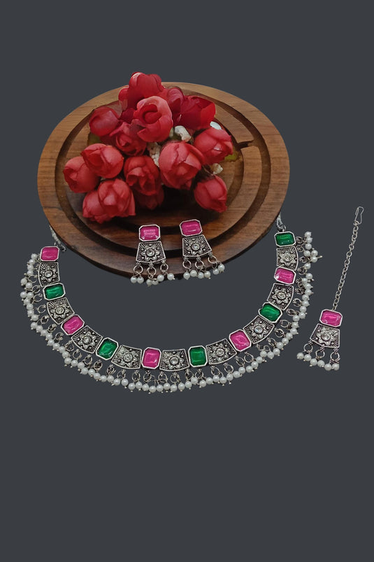 Multi Color Engaging Oxidised Material Necklace With Earrings and Mang Tikka