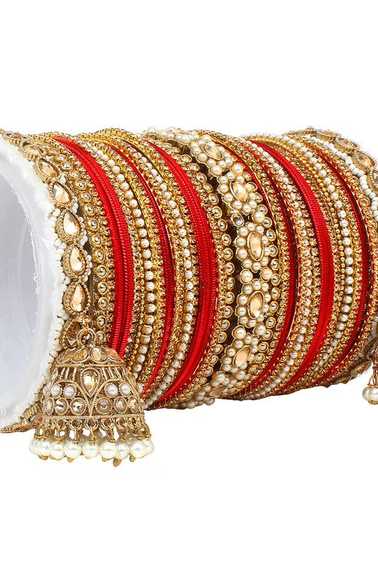 Stunning Red Color Alloy Material Bangle Set With Kundan Jhumki for Functions