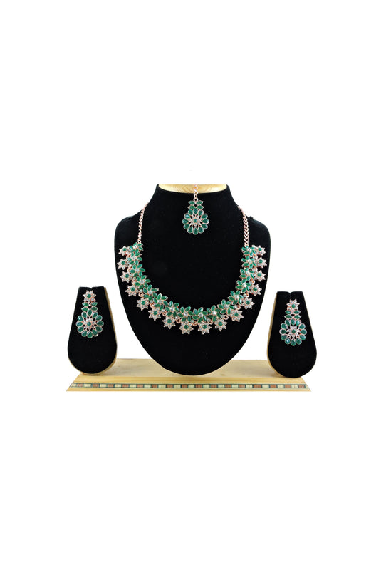 Alloy Material Green Color Stylish Necklace With Earrings and Mang Tikka