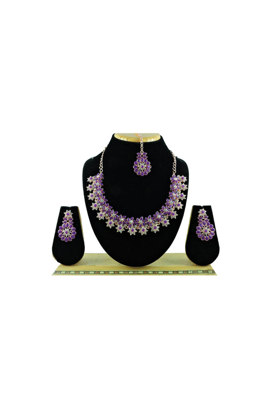 Alloy Material Captivating Purple Color Necklace With Earrings and Mang Tikka