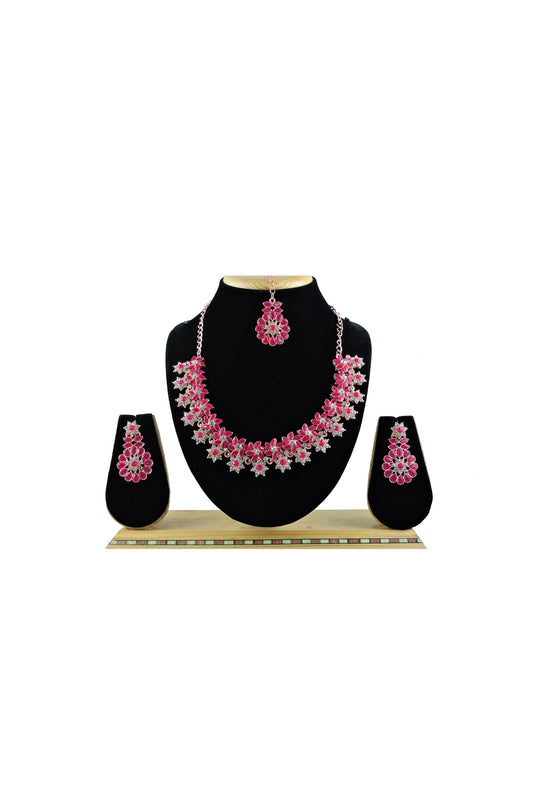 Alloy Material Rani Color Gorgeous Look Necklace With Earrings and Mang Tikka