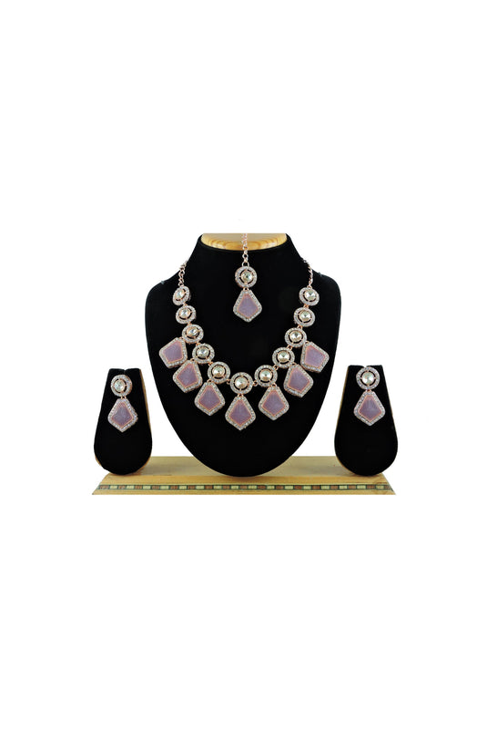 Alloy Material Purple Color Excellent Necklace With Earrings And Mang Tikka