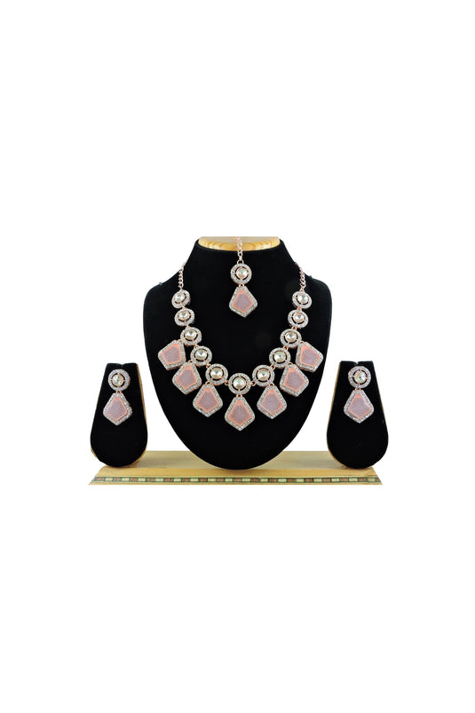 Peach Color Sober Necklace With Earrings And Mang Tikka In Alloy Material