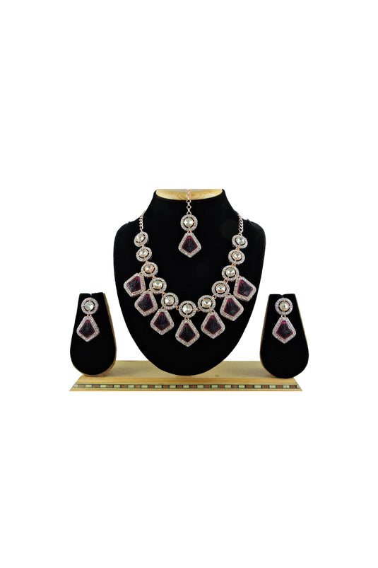 Excellent Alloy Material Purple Color Necklace With Earrings And Mang Tikka