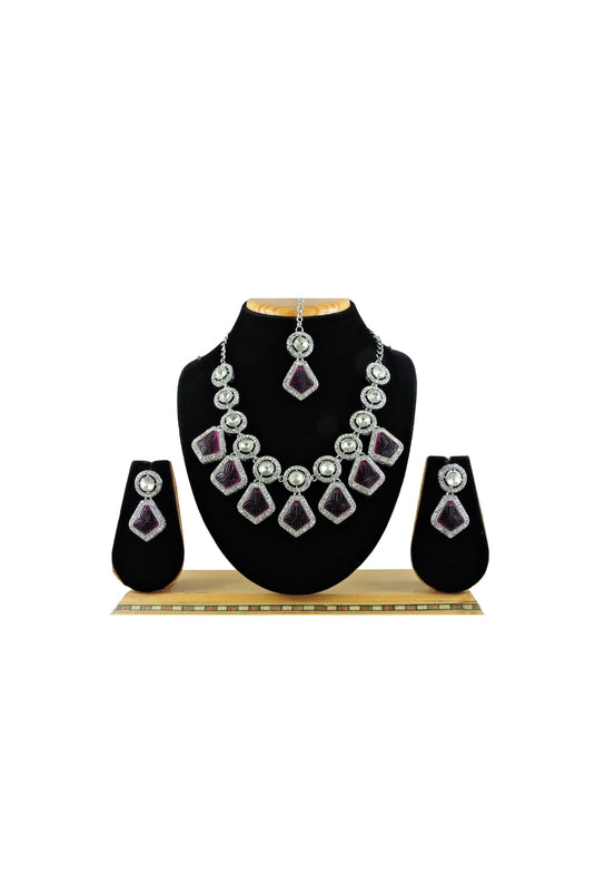 Alloy Material Purple Color Delicate Necklace With Earrings And Mang Tikka