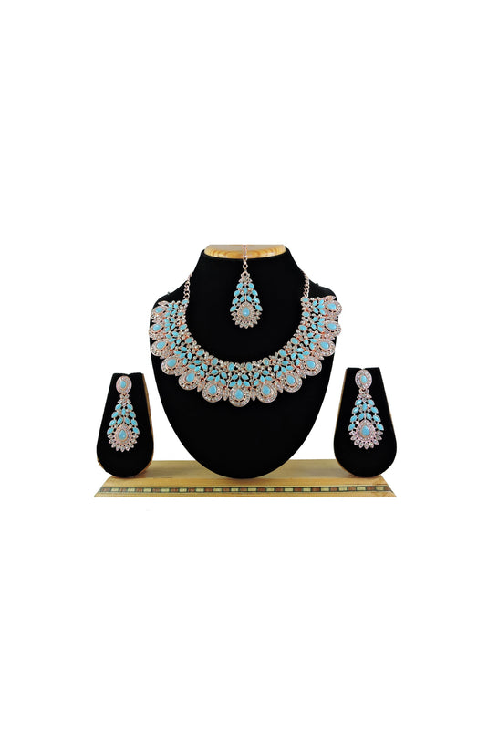 Embellished Cyan Color Alloy Material Necklace with Earrings and Mang Tikka