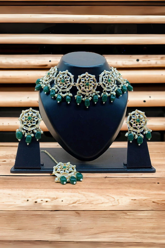 Alloy Material Green Color Gorgeous Necklace With Earrings and Mang Tikka