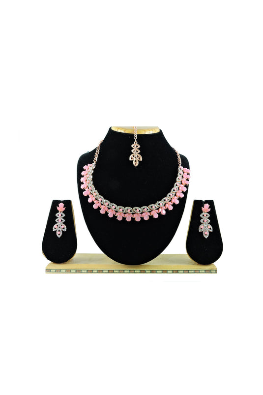 Febulous Pink Color Alloy Necklace With Earrings and Mang Tikka