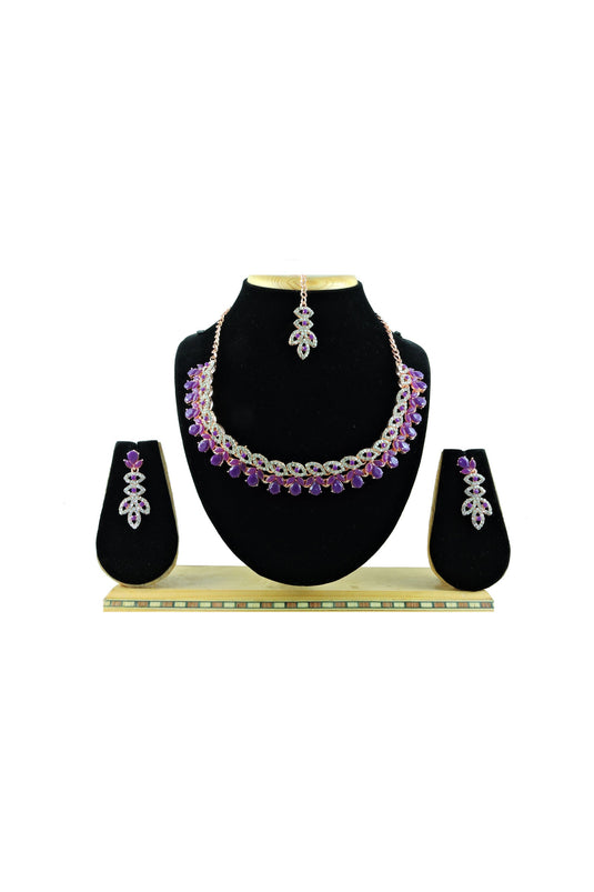 Captivating Purple Color Alloy Necklace With Earrings and Mang Tikka