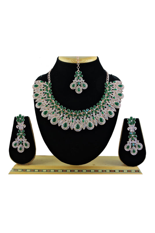 Green Color Sober Alloy Necklace with Earrings and Mang Tikka