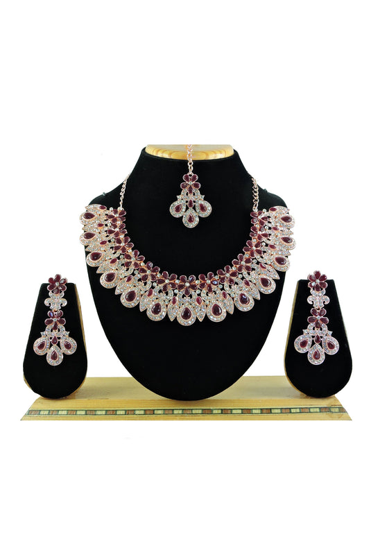 Excellent Alloy Necklace with Earrings and Mang Tikka In Maroon Color