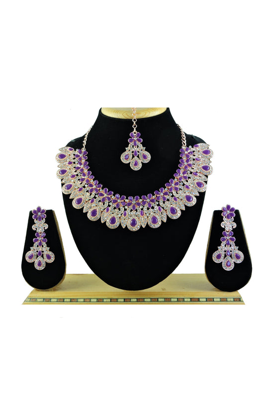 Purple Color Delicate Alloy Necklace with Earrings and Mang Tikka