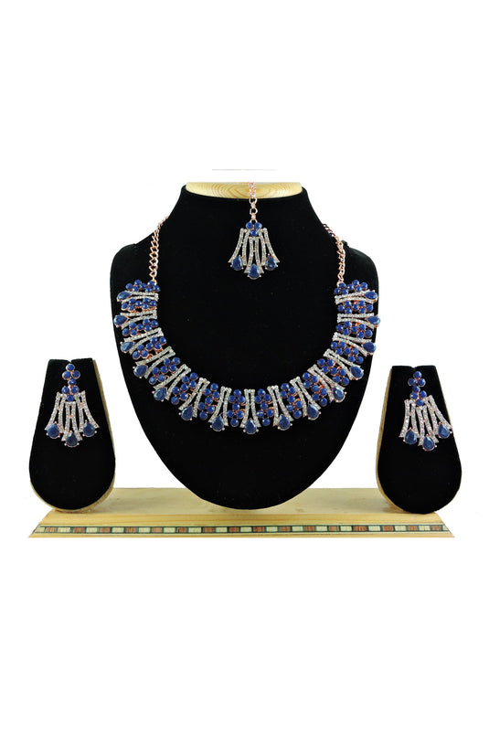 Navy Blue Color Alloy Material Embellished Necklace With Earrings and Mang Tikka