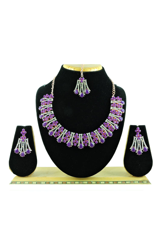Purple Color Alloy Material Ravishing Necklace With Earrings and Mang Tikka