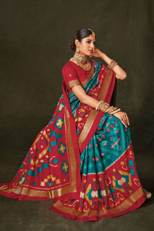 Art Silk Fabric Cyan Color Pleasance Saree With Printed Work