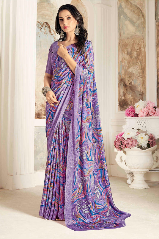 Amazing Printed Work On Purple Color Crepe Silk Fabric Saree