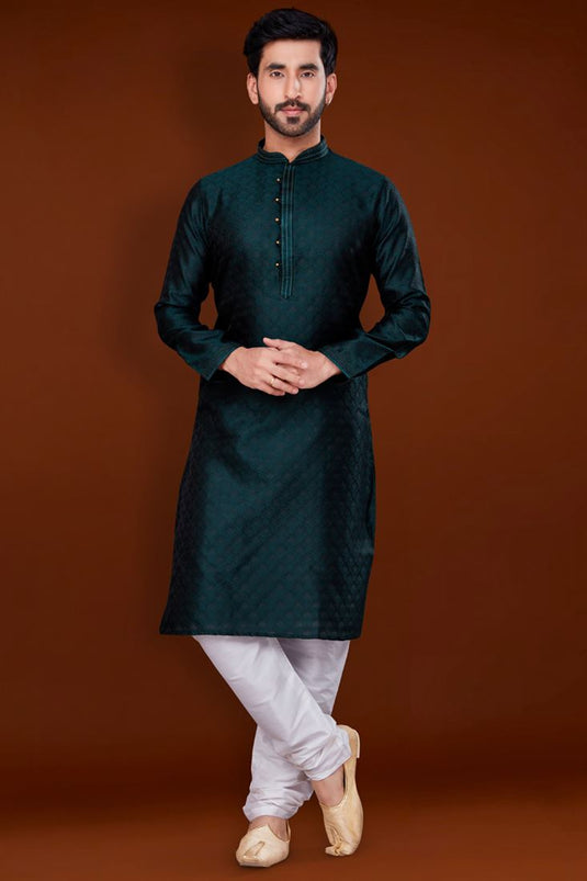 Jacquard Fabric Bewitching Kurta Pyjama For Men In Teal Color