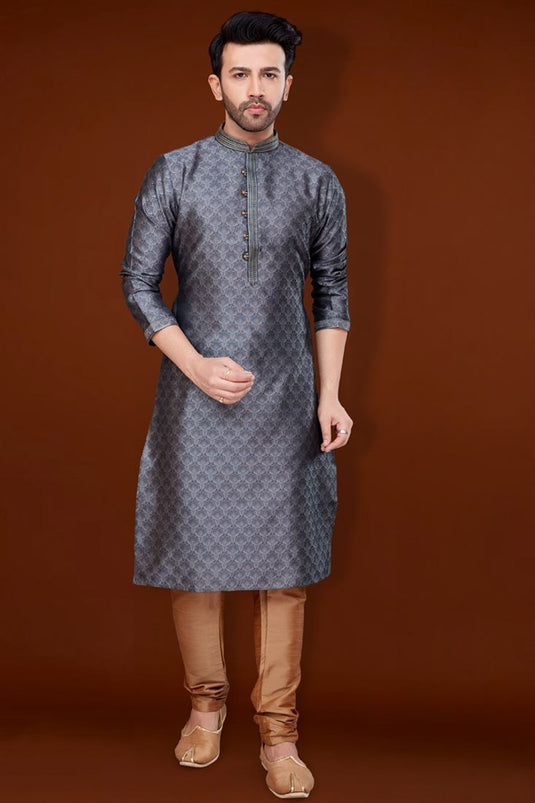 Incredible Jacquard Fabric Grey Color Kurta Pyjama For Men