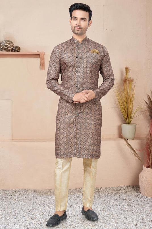 Beautiful Printed Brown Color Readymade Indo Western For Men In Cotton Fabric