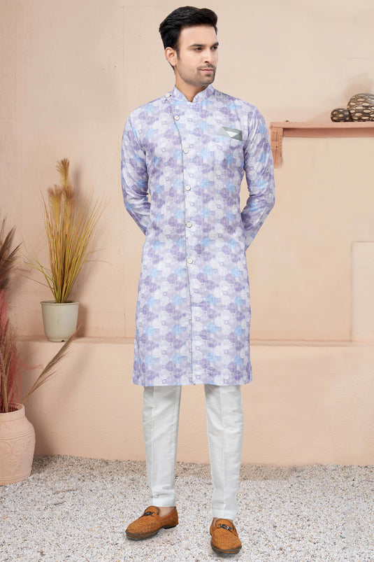 Printed Lavender Color Readymade Cotton Fabric Indo Western For Men