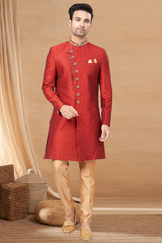 Red Color Jacquard Fabric Captivating Readymade Indo Western For Men