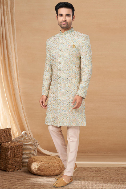 Fetching Sea Green Fancy Fabric Readymade Indo Western For Men