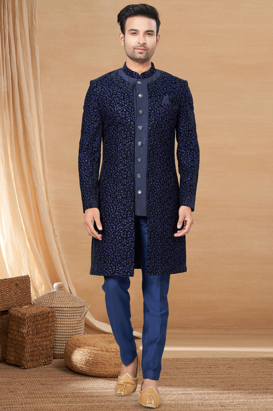 Navy Blue Color Pretty Readymade Indo Western For Men In Art Silk Fabric