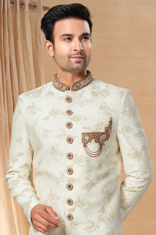 Beautiful Jacquard Fabric Readymade Indo Western For Men In White Color