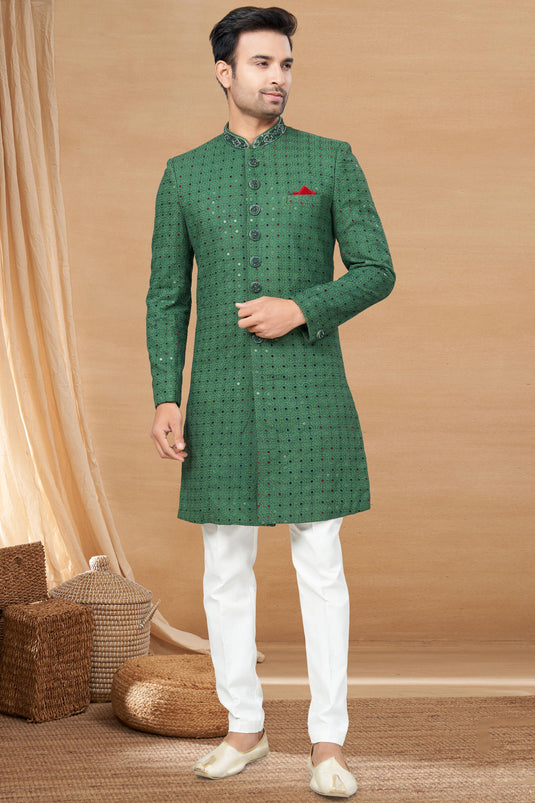 Green Fancy Fabric Trendy Readymade Indo Western For Men