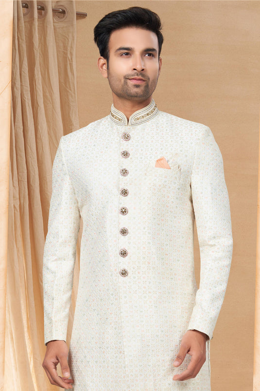 Fancy Fabric Off White Color Readymade Designer Men Indo Western