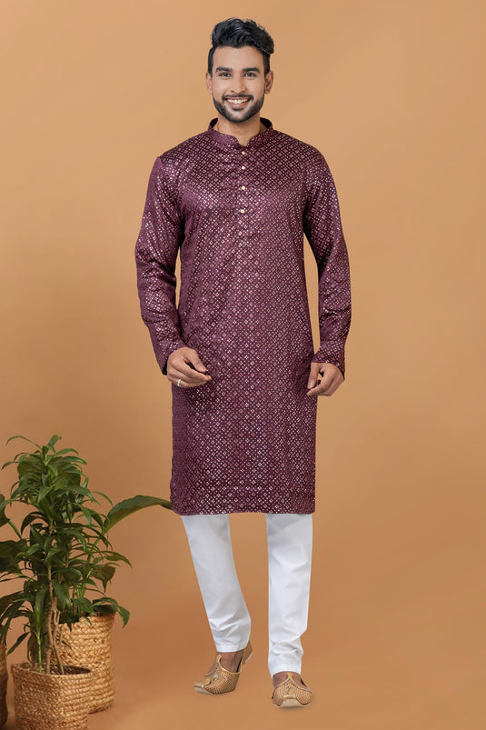 Sequins Embroidery Wine Color Gorgeous Gajji Silk Readymade Kurta Pyjama For Men