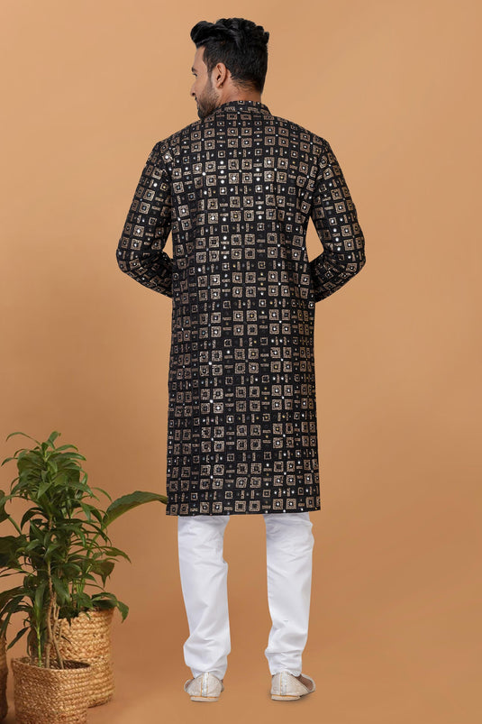 Lovely Black Color Sequins Embroidery Readymade Kurta Pyjama For Men