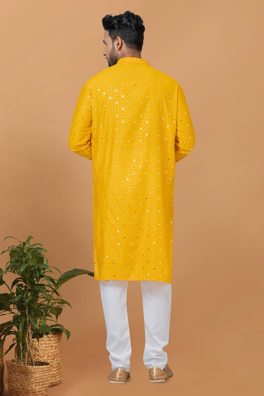 Sequins Embroidery Yellow Color Pretty Readymade Kurta Pyjama For Men In Cotton Fabric