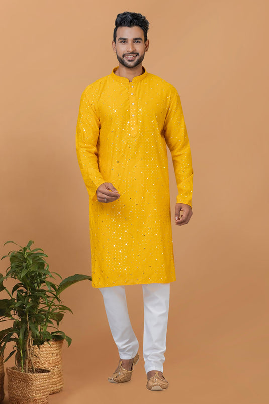 Sequins Embroidery Yellow Color Pretty Readymade Kurta Pyjama For Men In Cotton Fabric