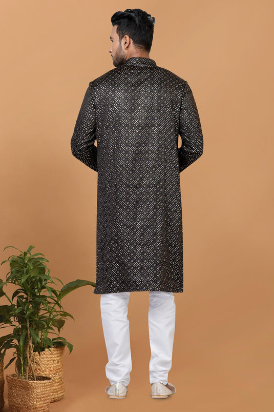 Sequins Embroidery Fancy Black Color Gajji Silk Fabric Readymade Kurta Pyjama For Men