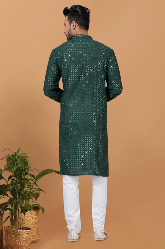 Sequins Embroidery Gorgeous Cotton Fabric Readymade Kurta Pyjama For Men