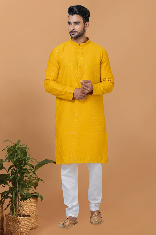 Yellow Color Lovely Sequins Embroidery Readymade Kurta Pyjama For Men